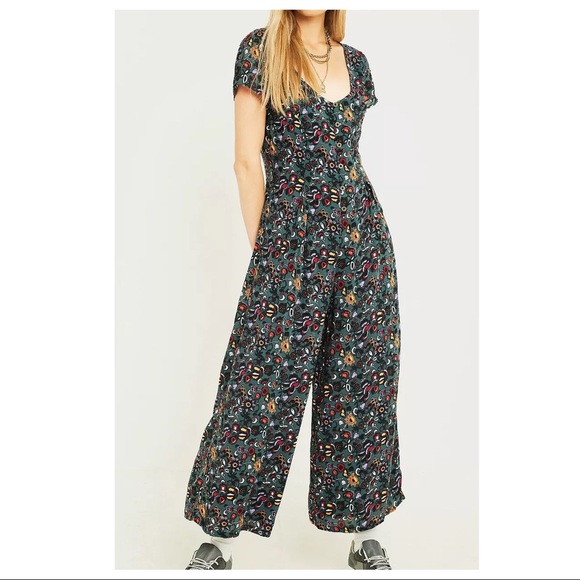 Urban Outfitters Pants - Urban Outfitters Floral Motif Teal Wide Leg Jumpsuit